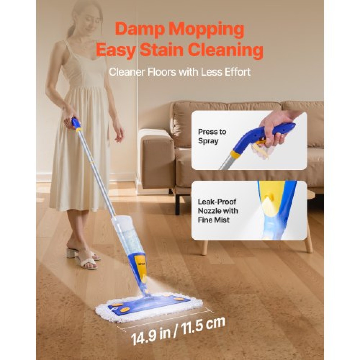 Spray Mop VEVOR, με 3 πλενόμενα μαξιλαράκια για στεγνό και υγρό καθαρισμό δαπέδου και ένα δοχείο νερού 800 ml με δυνατότητα επαναπλήρωσης, υγρή σφουγγαρίστρα σκόνης μικροϊνών & στεγνή σφουγγαρίστρα με στριφτό βαμβάκι, επαγγελματική οικιακή χρήση για π