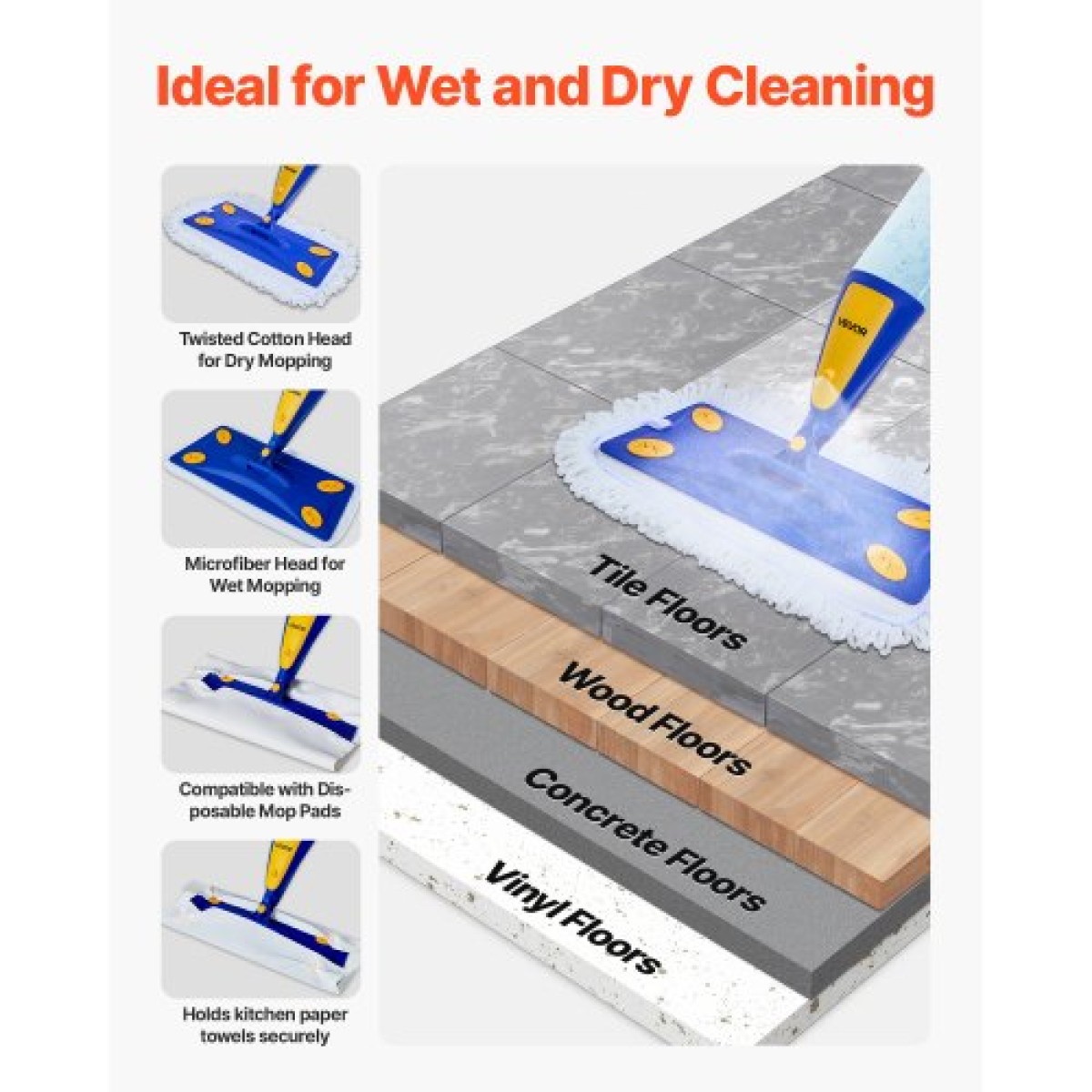 Spray Mop VEVOR, με 3 πλενόμενα μαξιλαράκια για στεγνό και υγρό καθαρισμό δαπέδου και ένα δοχείο νερού 800 ml με δυνατότητα επαναπλήρωσης, υγρή σφουγγαρίστρα σκόνης μικροϊνών & στεγνή σφουγγαρίστρα με στριφτό βαμβάκι, επαγγελματική οικιακή χρήση για π