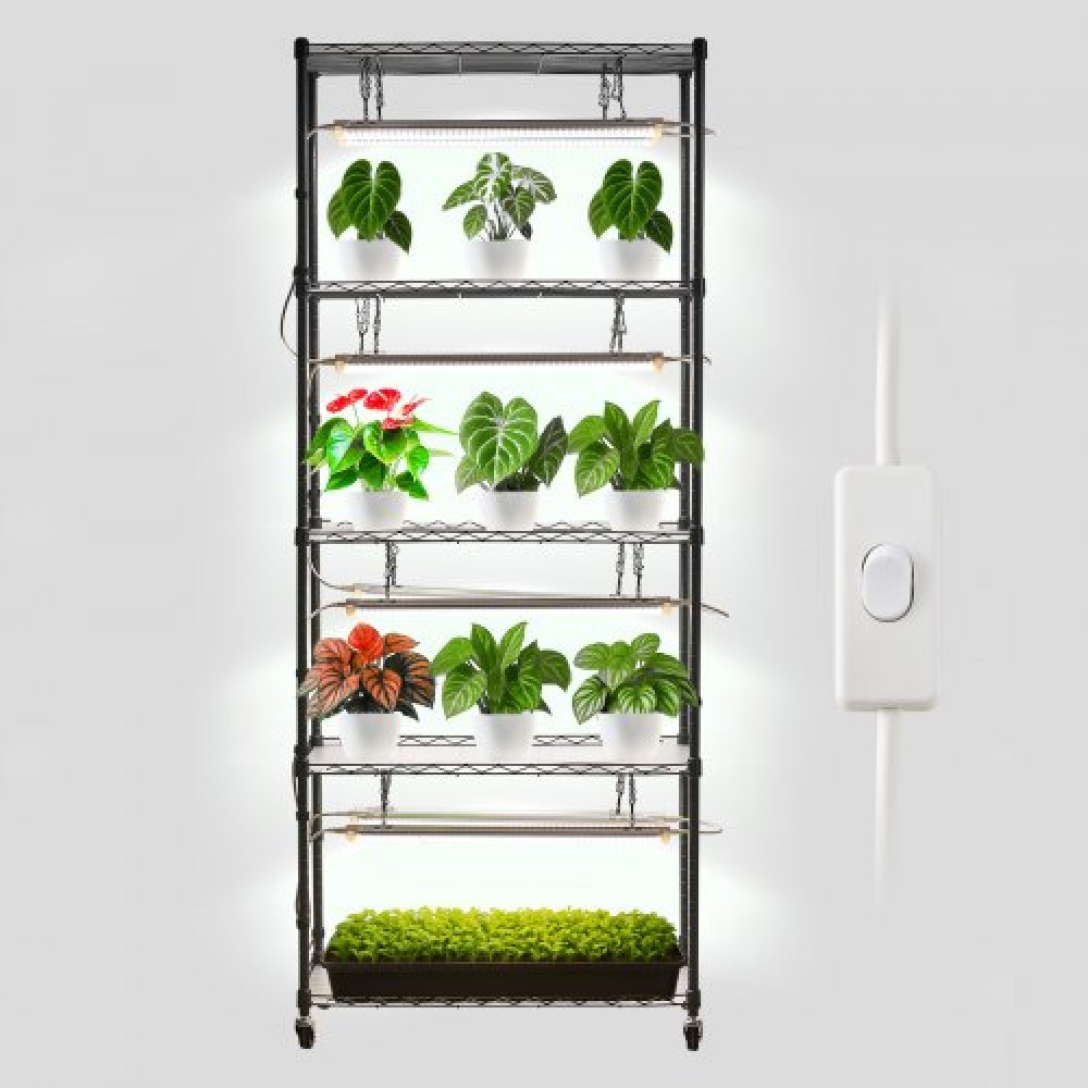 Ράφι φυτών VEVOR DIY με φώτα ανάπτυξης, 180 εκ. ψηλό σταντ φυτών εσωτερικού χώρου με ρόδες, φώτα ανάπτυξης πλήρους φάσματος 192W 5000K, ράφι προβολής μεταλλικών φυτών βαρέως τύπου, θήκη για γλάστρα για σπόρους