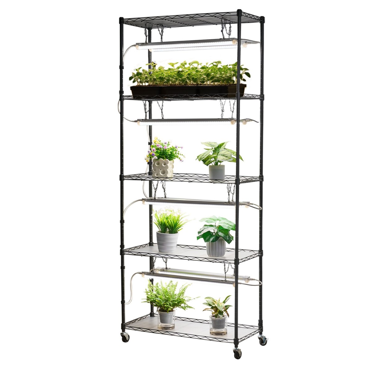 Ράφι φυτών VEVOR DIY με φώτα ανάπτυξης, 180 εκ. ψηλό σταντ φυτών εσωτερικού χώρου με ρόδες, φώτα ανάπτυξης πλήρους φάσματος 192W 5000K, ράφι προβολής μεταλλικών φυτών βαρέως τύπου, θήκη για γλάστρα για σπόρους