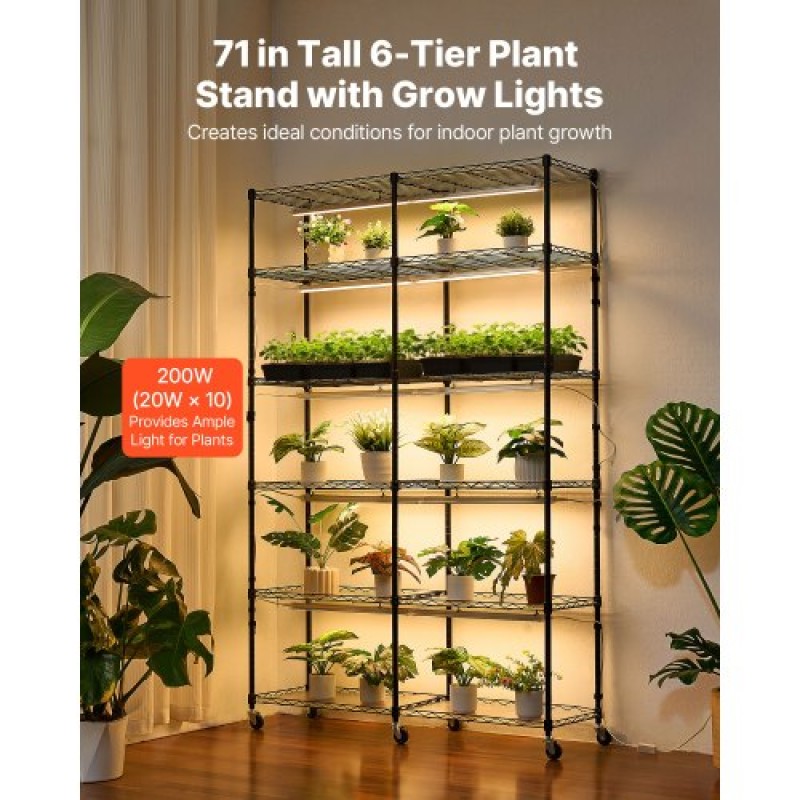 Ράφι φυτών VEVOR με Grow Light, Βάση φυτών διπλής σειράς 6 επιπέδων, ράφι επίδειξης φυτών εσωτερικού χώρου ύψους 180 cm με ρόδες και χρονοδιακόπτη, φώτα πλήρους φάσματος 200 W, μεταλλική βάση λουλουδιών για εκκίνηση σπόρων