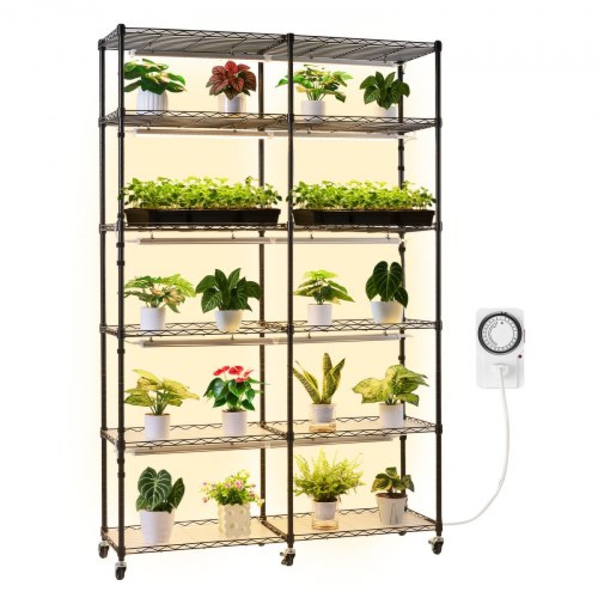 Ράφι φυτών VEVOR με Grow Light, Βάση φυτών διπλής σειράς 6 επιπέδων, ράφι επίδειξης φυτών εσωτερικού χώρου ύψους 180 cm με ρόδες και χρονοδιακόπτη, φώτα πλήρους φάσματος 200 W, μεταλλική βάση λουλουδιών για εκκίνηση σπόρων