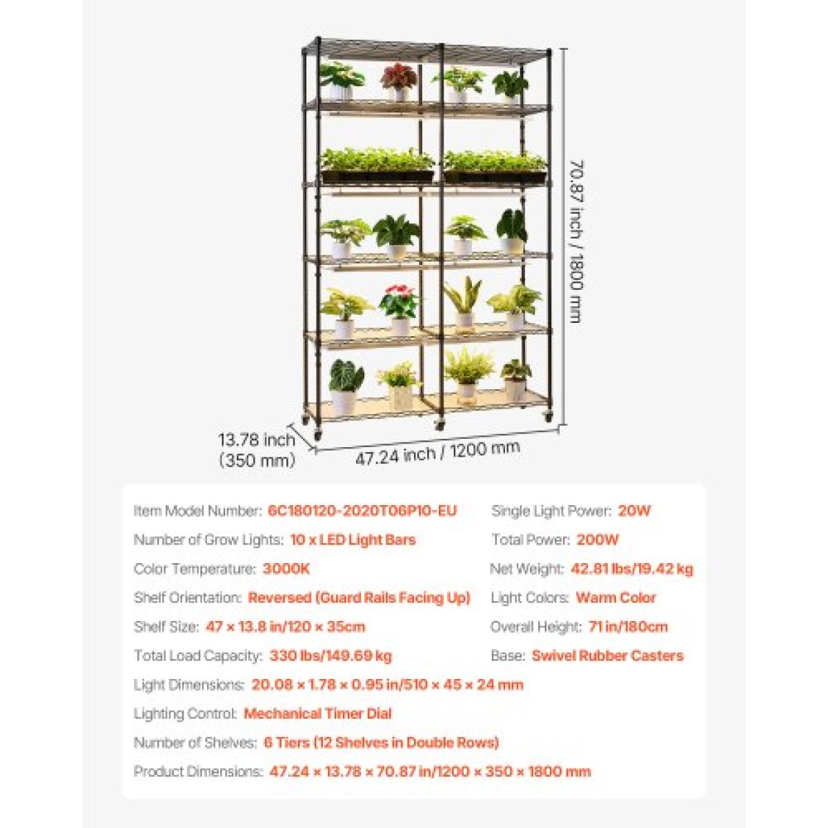 Ράφι φυτών VEVOR με Grow Light, Βάση φυτών διπλής σειράς 6 επιπέδων, ράφι επίδειξης φυτών εσωτερικού χώρου ύψους 180 cm με ρόδες και χρονοδιακόπτη, φώτα πλήρους φάσματος 200 W, μεταλλική βάση λουλουδιών για εκκίνηση σπόρων