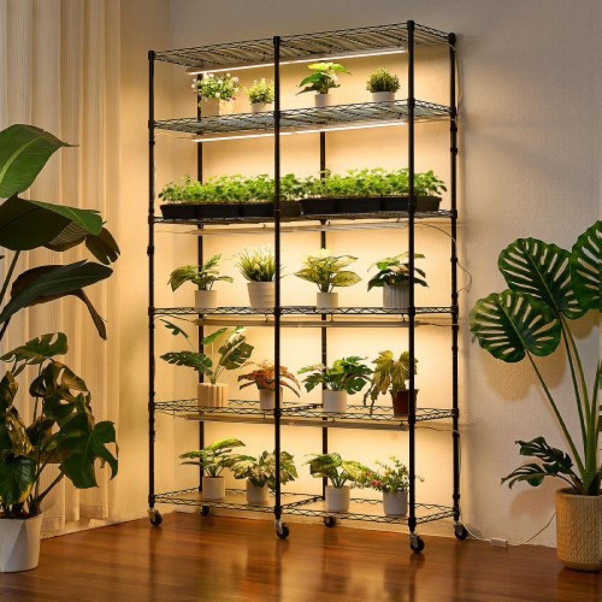 Ράφι φυτών VEVOR με Grow Light, Βάση φυτών διπλής σειράς 6 επιπέδων, ράφι επίδειξης φυτών εσωτερικού χώρου ύψους 180 cm με ρόδες και χρονοδιακόπτη, φώτα πλήρους φάσματος 200 W, μεταλλική βάση λουλουδιών για εκκίνηση σπόρων