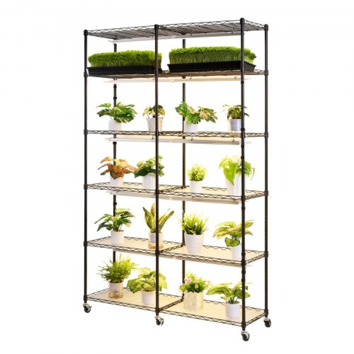 Ράφι φυτών VEVOR με Grow Light, Βάση φυτών διπλής σειράς 6 επιπέδων, ράφι επίδειξης φυτών εσωτερικού χώρου ύψους 180 cm με ρόδες και χρονοδιακόπτη, φώτα πλήρους φάσματος 200 W, μεταλλική βάση λουλουδιών για εκκίνηση σπόρων