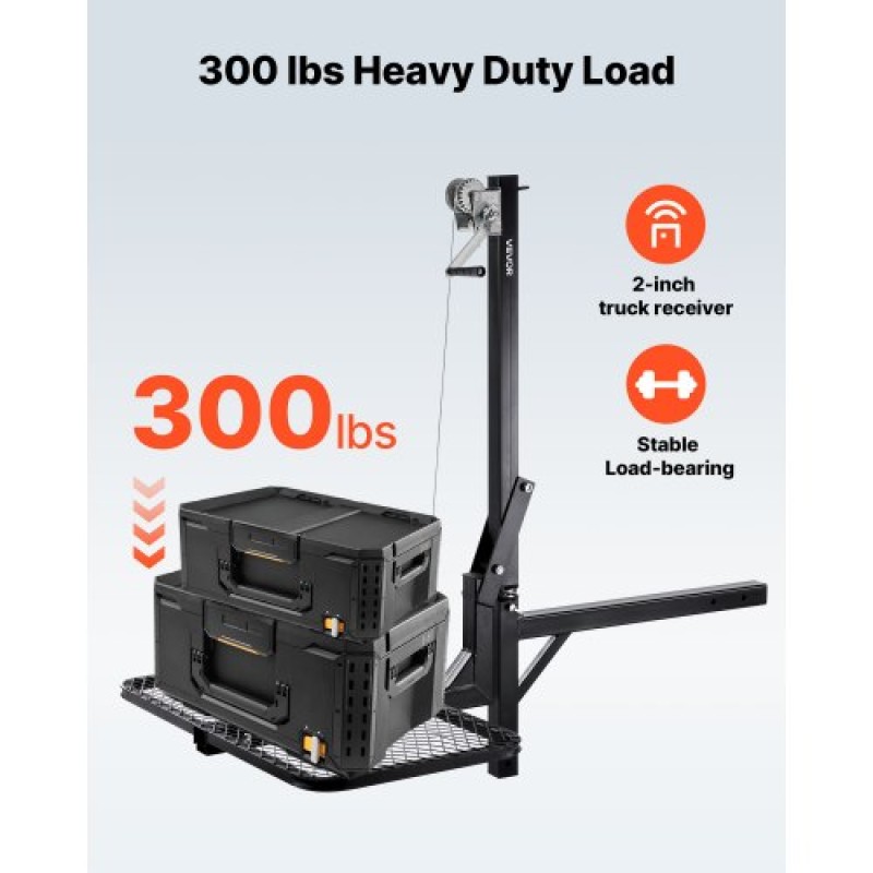 VEVOR Hitch Deer Hoist με πλατφόρμα συστήματος ανύψωσης, χωρητικότητα φορτίου 300 lbs, ανύψωση βαρούλκου παιχνιδιών με δέκτη 2 ιντσών, περιστρεφόμενος άξονας 360 μοιρών και αναδιπλούμενος, κρεμάστρα ελαφιού για κινούμενο παιχνίδι