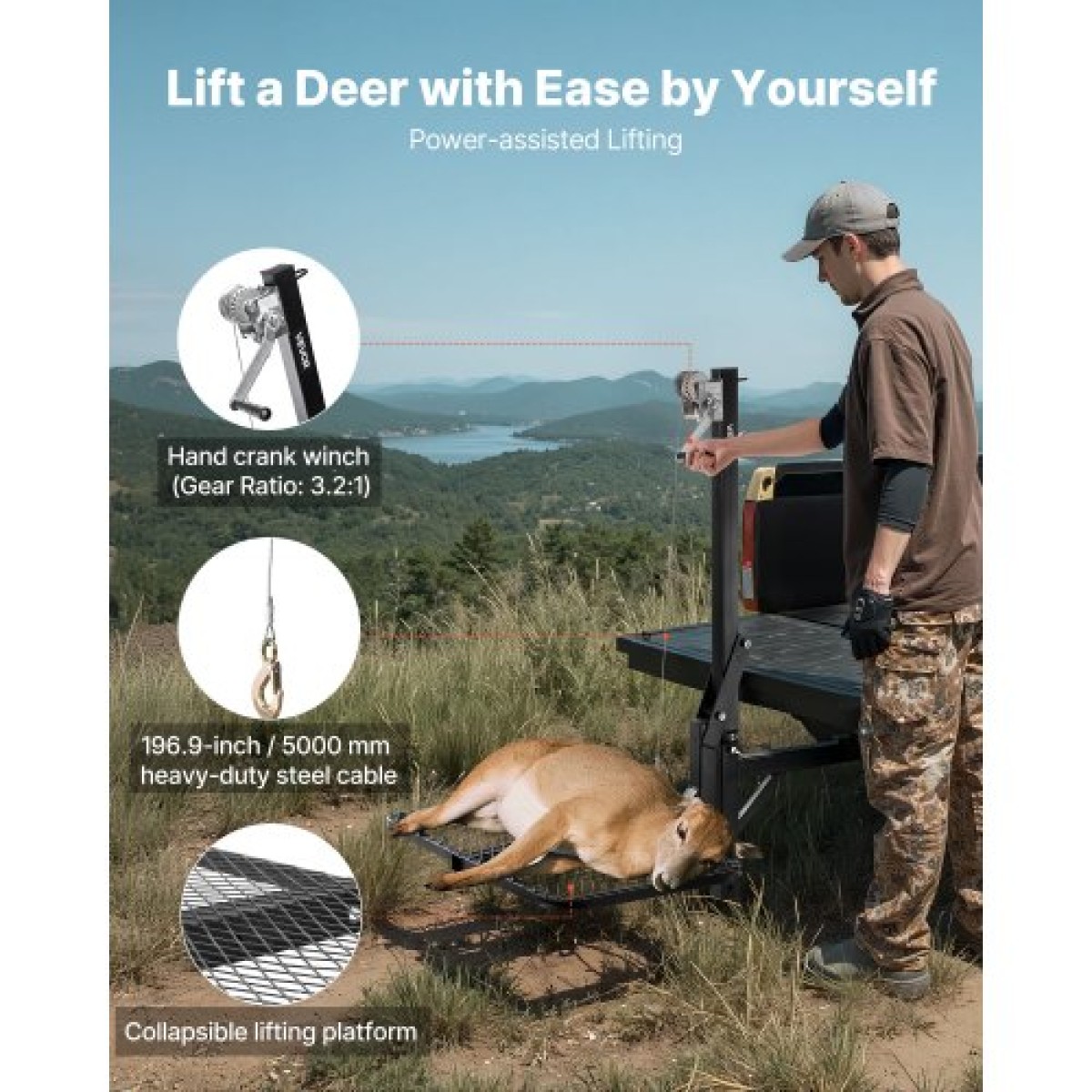 VEVOR Hitch Deer Hoist με πλατφόρμα συστήματος ανύψωσης, χωρητικότητα φορτίου 300 lbs, ανύψωση βαρούλκου παιχνιδιών με δέκτη 2 ιντσών, περιστρεφόμενος άξονας 360 μοιρών και αναδιπλούμενος, κρεμάστρα ελαφιού για κινούμενο παιχνίδι
