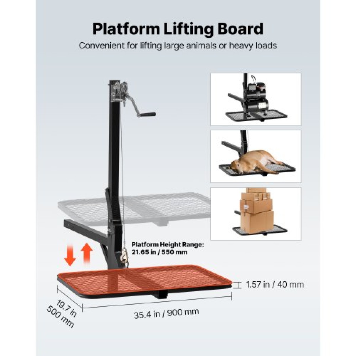 VEVOR Hitch Deer Hoist με πλατφόρμα συστήματος ανύψωσης, χωρητικότητα φορτίου 300 lbs, ανύψωση βαρούλκου παιχνιδιών με δέκτη 2 ιντσών, περιστρεφόμενος άξονας 360 μοιρών και αναδιπλούμενος, κρεμάστρα ελαφιού για κινούμενο παιχνίδι