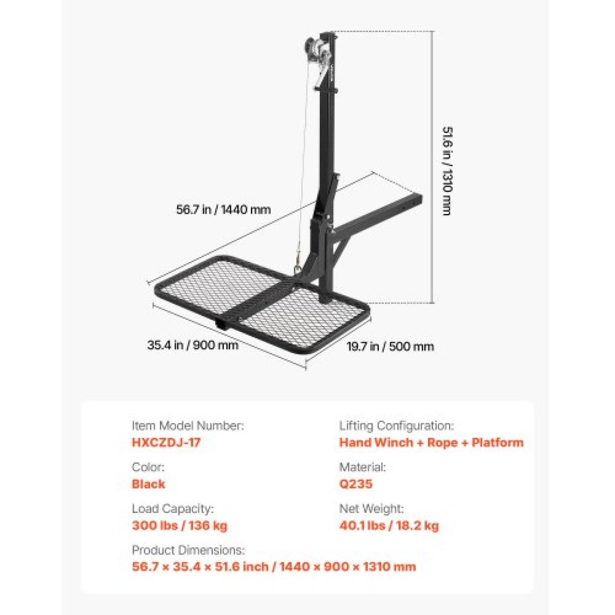 VEVOR Hitch Deer Hoist με πλατφόρμα συστήματος ανύψωσης, χωρητικότητα φορτίου 300 lbs, ανύψωση βαρούλκου παιχνιδιών με δέκτη 2 ιντσών, περιστρεφόμενος άξονας 360 μοιρών και αναδιπλούμενος, κρεμάστρα ελαφιού για κινούμενο παιχνίδι