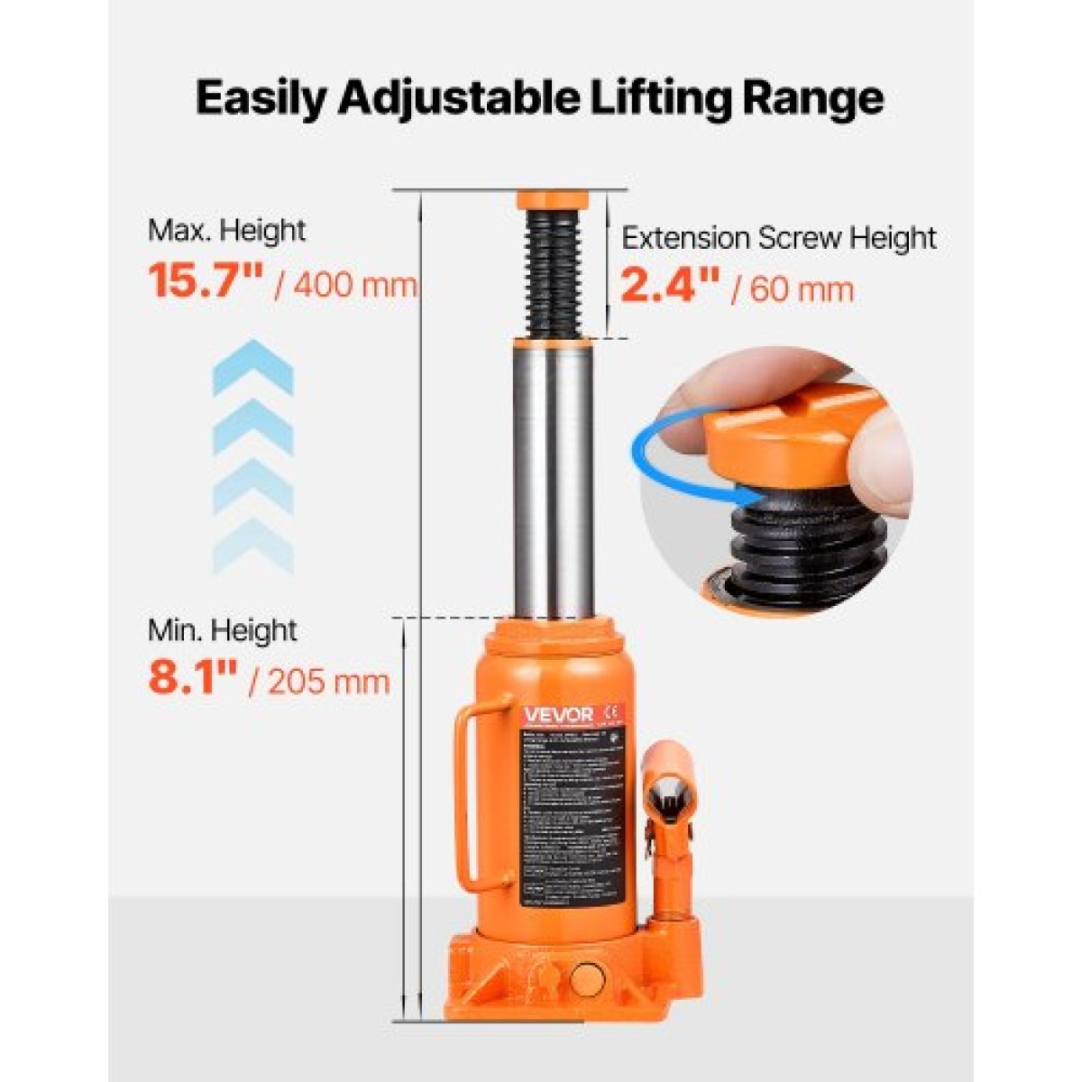 VEVOR Hydraulic Bottle Jack, 12 Ton (26455,5 lbs) Χωρητικότητα, Εύρος ανύψωσης 205-400 mm, βαρέως τύπου συγκολλημένος γρύλος μπουκαλιών για αυτοκίνητο, SUV, Pickup, Auto Repair, House Lift and Agricultural Equipment, Πορτοκαλί