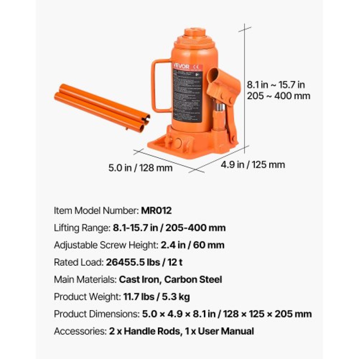 VEVOR Hydraulic Bottle Jack, 12 Ton (26455,5 lbs) Χωρητικότητα, Εύρος ανύψωσης 205-400 mm, βαρέως τύπου συγκολλημένος γρύλος μπουκαλιών για αυτοκίνητο, SUV, Pickup, Auto Repair, House Lift and Agricultural Equipment, Πορτοκαλί