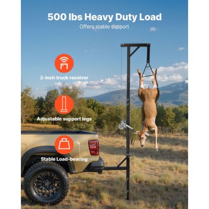 Βαρούλκο παιχνιδιών VEVOR Truck Hitch, χωρητικότητα φόρτωσης 500 λίβρες, Ανυψωτήρας κυνηγιού ελαφιού με δέκτη 2 ιντσών, περιστρεφόμενος άξονας 360 μοιρών και ρυθμιζόμενο ύψος, περιλαμβάνει βαρούλκο Gambrel για παιχνίδι απολέπισης και καθαρισμού