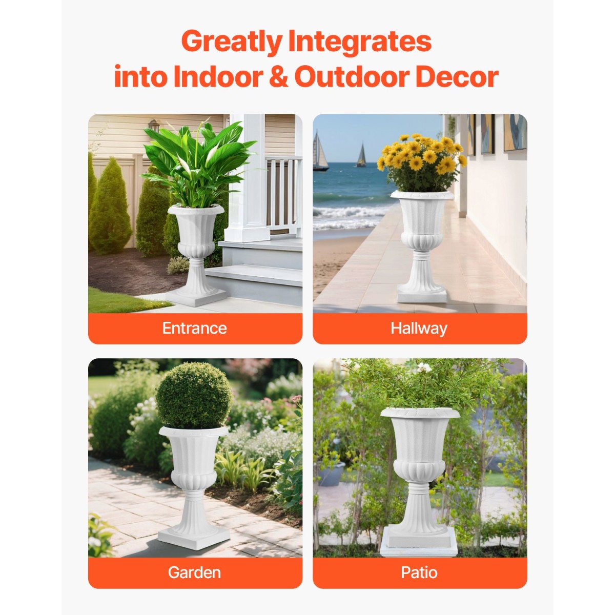 VEVOR Plastic Urn Planters, 40 x 67 cm, 2 Pack Λευκές Κλασικές Γλάστρες Ζαρντινιέρες Μπροστινής Βεράντας, Βάζο εσωτερικού & εξωτερικού χώρου για γάμο, πάρτι, εκδήλωση, σπίτι, σκηνή, κήπο, μπαλκόνι, διακόσμηση βεράντας