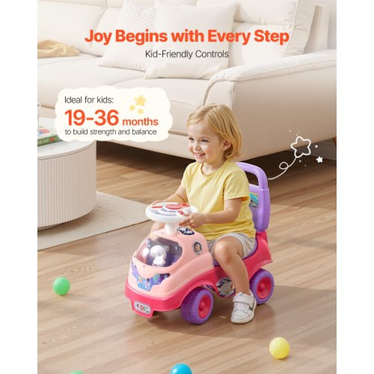 VEVOR Ride On Toddler Push Car, Push Car για νήπια 19 έως 36 μηνών, Kids Ride On Toy with Horn & Music, Χωρητικότητα φόρτωσης 22 kg, Αποθηκευτικός χώρος κάτω από το κάθισμα, Πεζοπορία από τα πόδια μέχρι το πάτωμα για νήπια αγόρια κορίτσια, ροζ