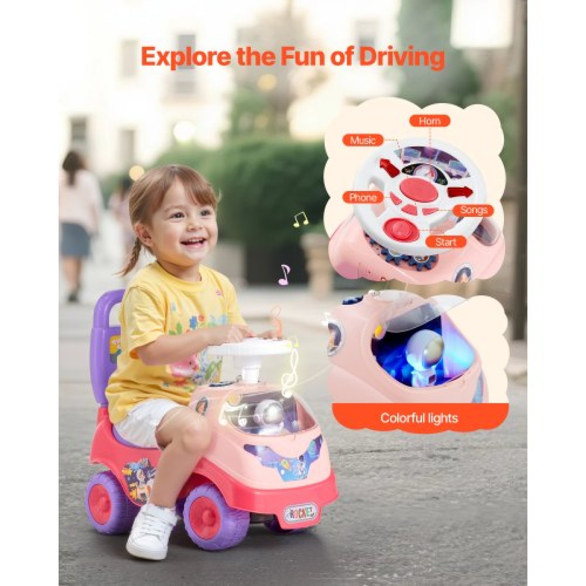 VEVOR Ride On Toddler Push Car, Push Car για νήπια 19 έως 36 μηνών, Kids Ride On Toy with Horn & Music, Χωρητικότητα φόρτωσης 22 kg, Αποθηκευτικός χώρος κάτω από το κάθισμα, Πεζοπορία από τα πόδια μέχρι το πάτωμα για νήπια αγόρια κορίτσια, ροζ