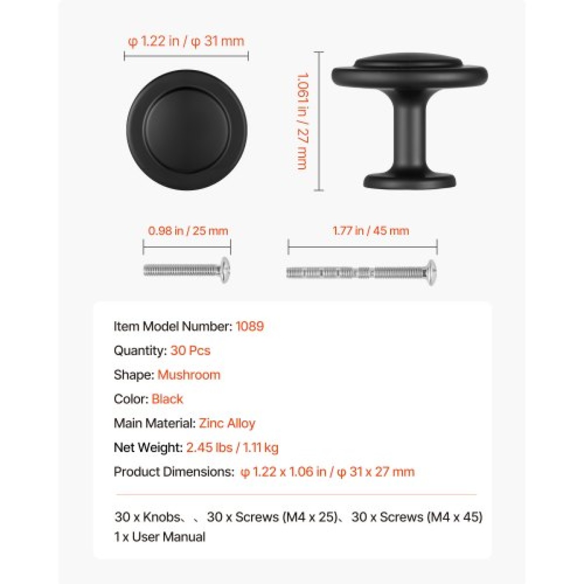 Πόμολα ντουλαπιών VEVOR, 30 Pack, 31 mm συρτάρια από μαύρο κράμα ψευδαργύρου, συρτάρια και λαβές πορτών από κράμα ψευδαργύρου, λαβές κομοδίνας μασίφ πόμολα κουζίνας με μανιτάρια, εξοπλισμός ντουλαπιών με βίδες για ντουλάπια και συρτάρια μπάνιου