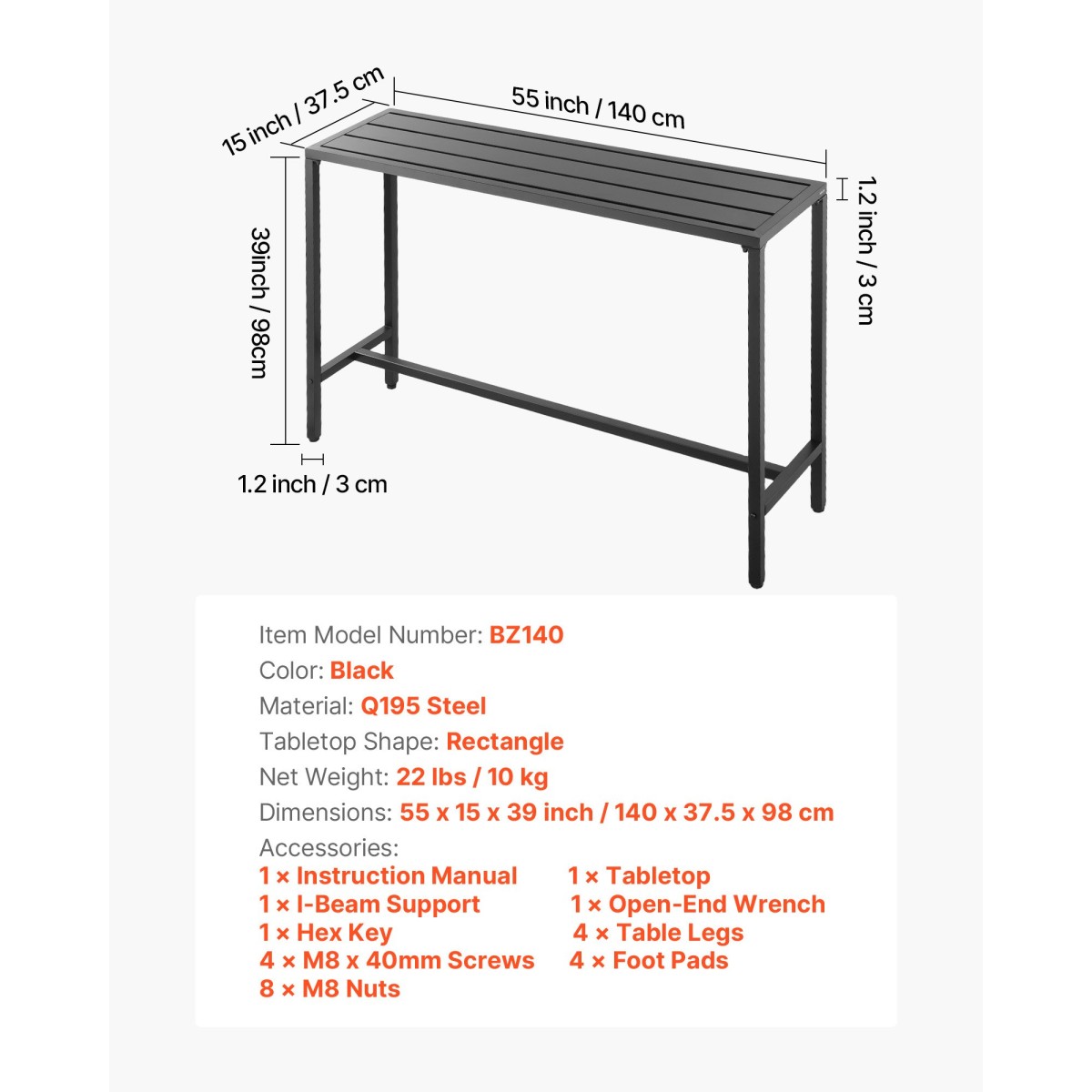 VEVOR Τραπέζι Bar εξωτερικού χώρου, 140 x 37,5 cm Τραπέζι Bar Patio, Αδιάβροχο επάνω & στιβαρό μεταλλικό πλαίσιο, τραπέζια τραπεζαρίας ορθογώνιου πάγκου, έπιπλα εξωτερικού χώρου για μπαλκόνι, αυλή, υδρομασάζ, δίπλα στην πισίνα, εσωτερικό