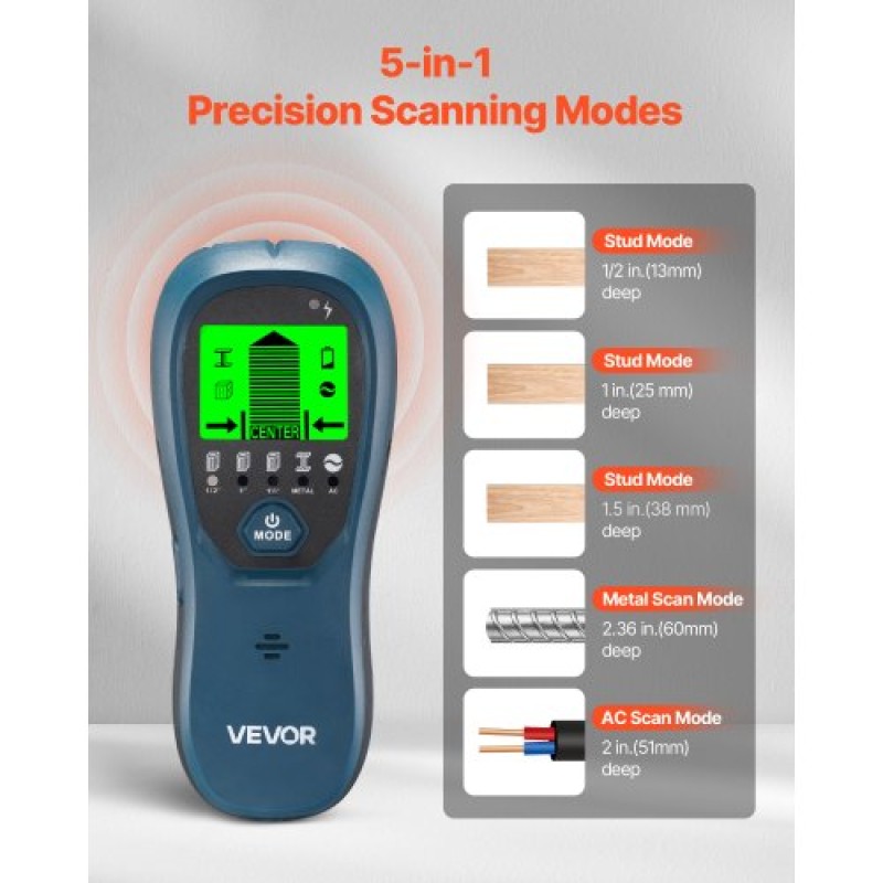 Σαρωτής τοίχου VEVOR Stud Finder, 5 σε 1, Ηλεκτρονικός ανιχνευτής τοίχου με έξυπνο αισθητήρα, οθόνη LCD υψηλής ευκρίνειας και ηχητικός συναγερμός, για το κέντρο και την άκρη του μετάλλου, καλώδιο AC, δοκοί, σωλήνες, μπλε
