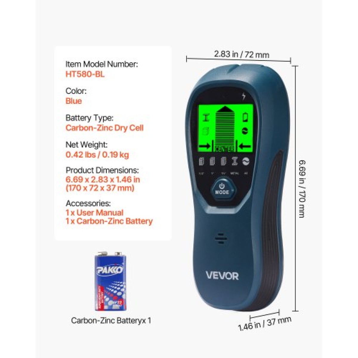 Σαρωτής τοίχου VEVOR Stud Finder, 5 σε 1, Ηλεκτρονικός ανιχνευτής τοίχου με έξυπνο αισθητήρα, οθόνη LCD υψηλής ευκρίνειας και ηχητικός συναγερμός, για το κέντρο και την άκρη του μετάλλου, καλώδιο AC, δοκοί, σωλήνες, μπλε