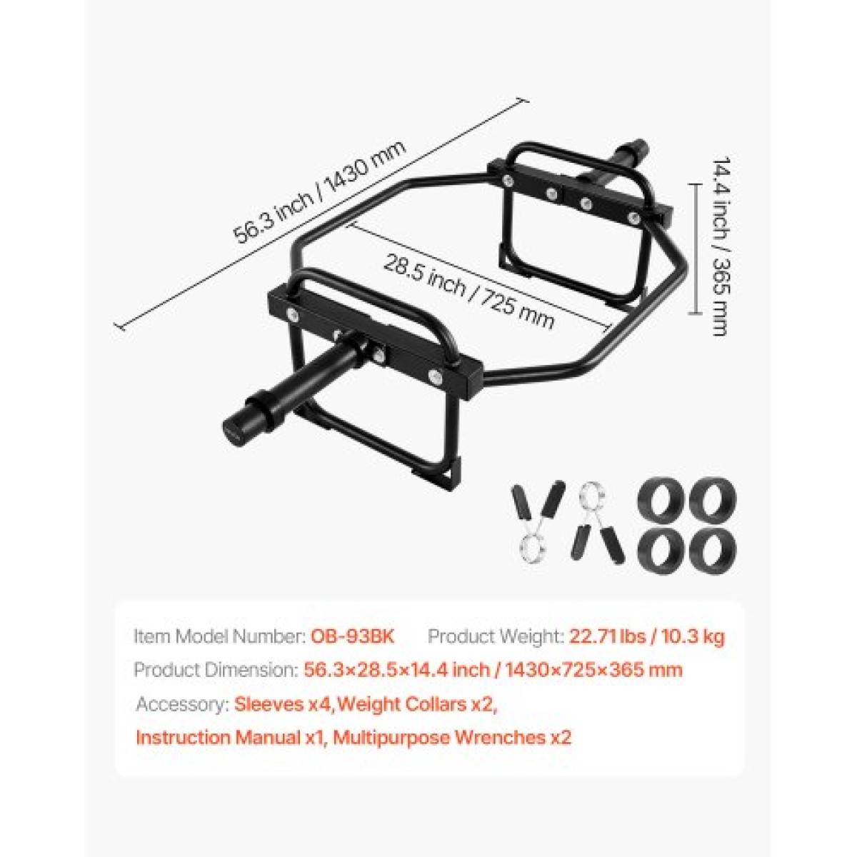 VEVOR Trap Bar Hex Bar, 50mm Hex Barbell, 240 kg Χωρητικότητα, Εξοπλισμός προπόνησης άρσης βαρών και δύναμης, γυμναστήριο στο σπίτι για squats, Deadlifts, πρέσες ώμων, μαύρο