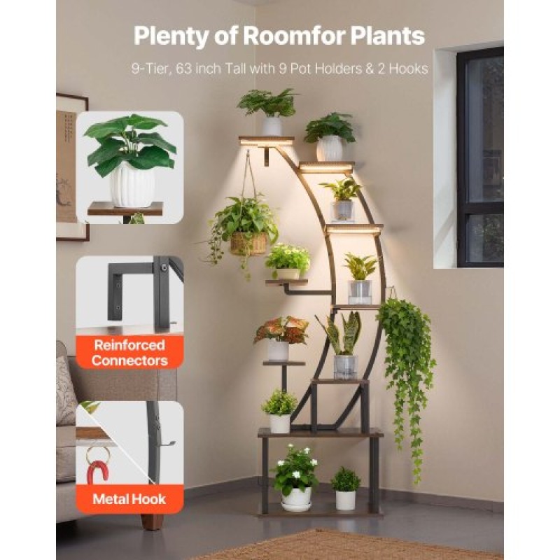 Βάση φυτών VEVOR Indoor with Grow Lights, Φωτιζόμενη ράφι φυτών 9 επιπέδων ύψους 160 cm, μεταλλική γωνιακή βάση για φυτά, 3 χρονοδιακόπτη & 10 φωτεινότητα, καμπύλη σχάρα προβολής λουλουδιών για διακόσμηση μπαλκονιού σαλονιού