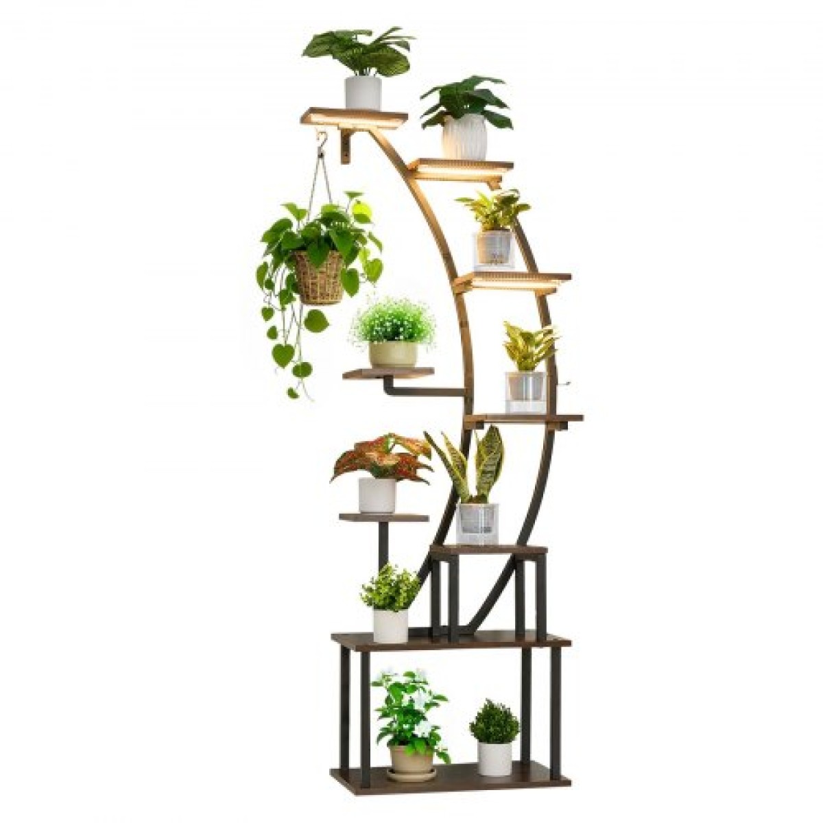 Βάση φυτών VEVOR Indoor with Grow Lights, Φωτιζόμενη ράφι φυτών 9 επιπέδων ύψους 160 cm, μεταλλική γωνιακή βάση για φυτά, 3 χρονοδιακόπτη & 10 φωτεινότητα, καμπύλη σχάρα προβολής λουλουδιών για διακόσμηση μπαλκονιού σαλονιού