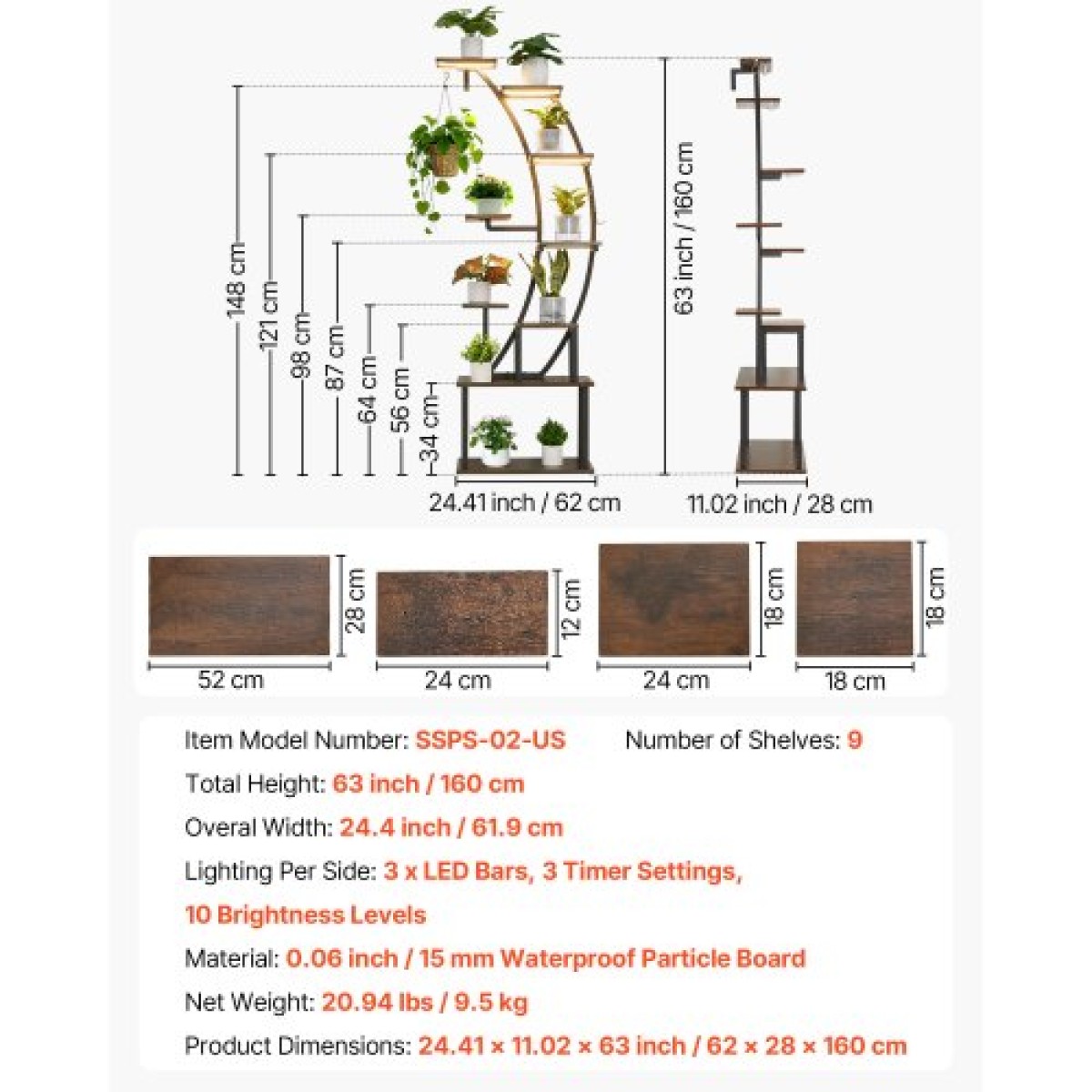 Βάση φυτών VEVOR Indoor with Grow Lights, Φωτιζόμενη ράφι φυτών 9 επιπέδων ύψους 160 cm, μεταλλική γωνιακή βάση για φυτά, 3 χρονοδιακόπτη & 10 φωτεινότητα, καμπύλη σχάρα προβολής λουλουδιών για διακόσμηση μπαλκονιού σαλονιού