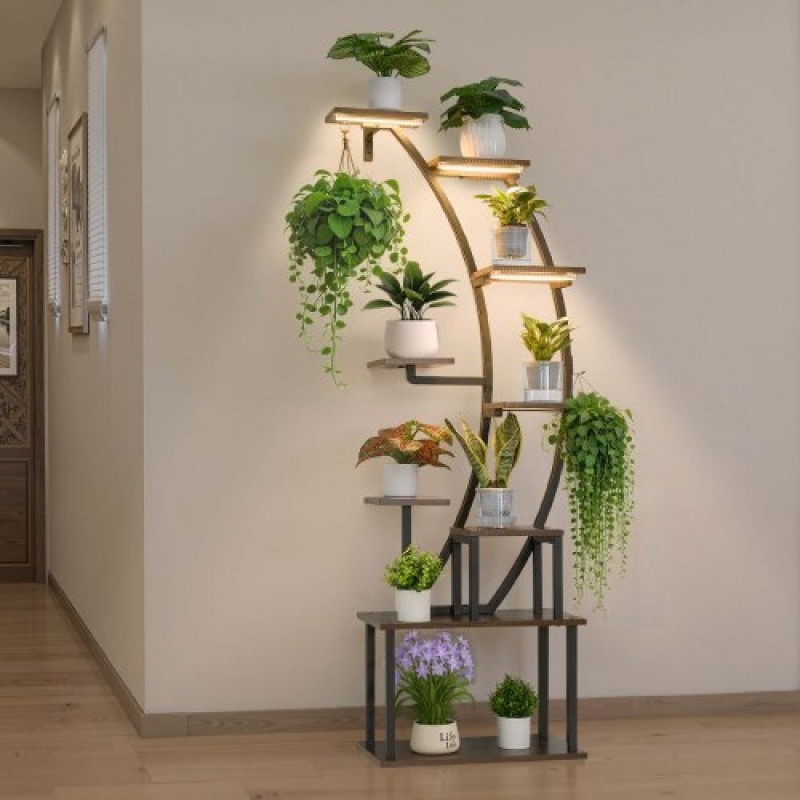 Βάση φυτών VEVOR Indoor with Grow Lights, Φωτιζόμενη ράφι φυτών 9 επιπέδων ύψους 160 cm, μεταλλική γωνιακή βάση για φυτά, 3 χρονοδιακόπτη & 10 φωτεινότητα, καμπύλη σχάρα προβολής λουλουδιών για διακόσμηση μπαλκονιού σαλονιού
