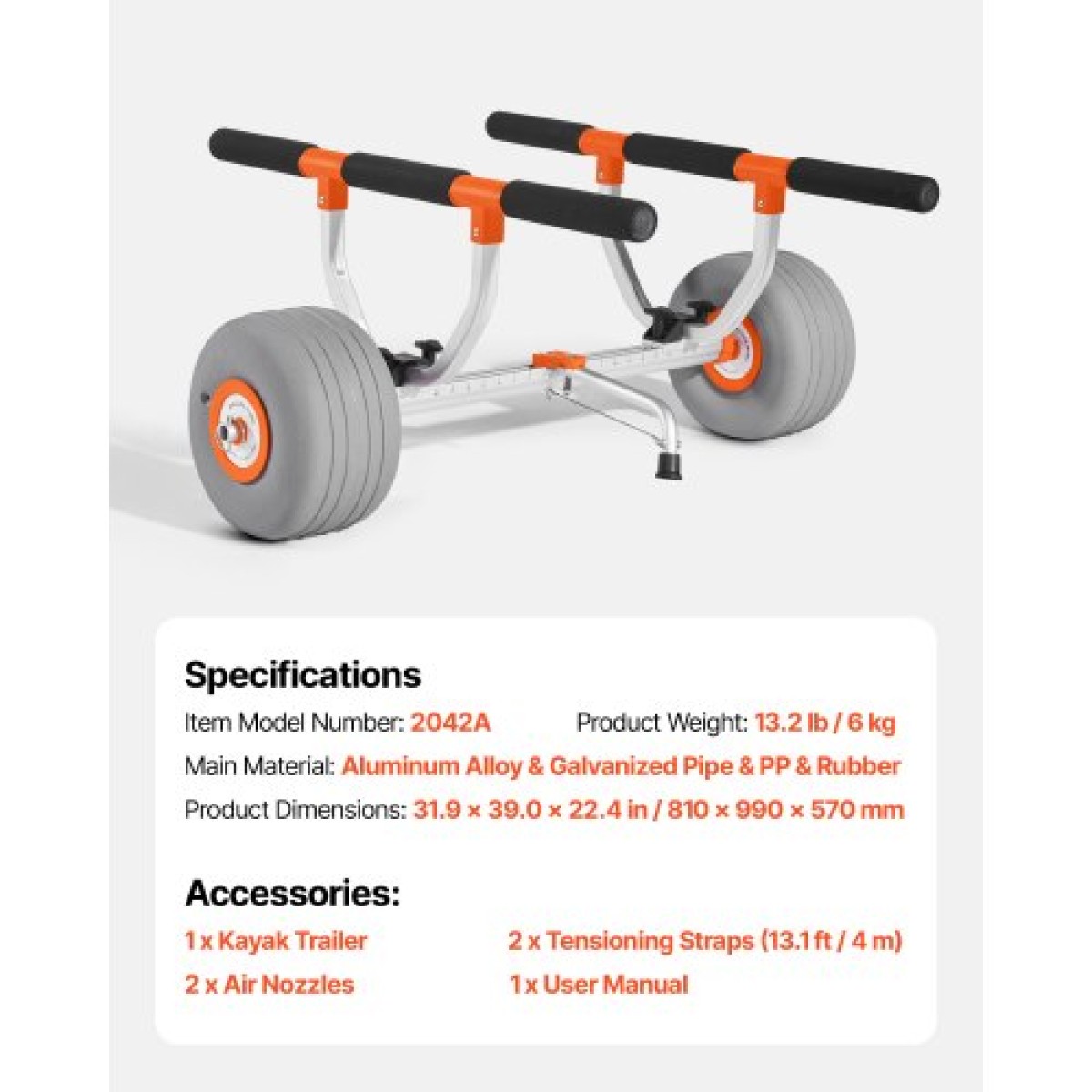 Καρότσι VEVOR Kayak, χωρητικότητα 158,8 κιλών, Καρότσι Kayak με φουσκωτά ελαστικά PU 30,5 cm & 2 ιμάντες, συναρμολογείται & αποσυναρμολογείται μέσα σε δευτερόλεπτα, καροτσάκι Paddle Board για μεταφορά καγιάκ και κανό