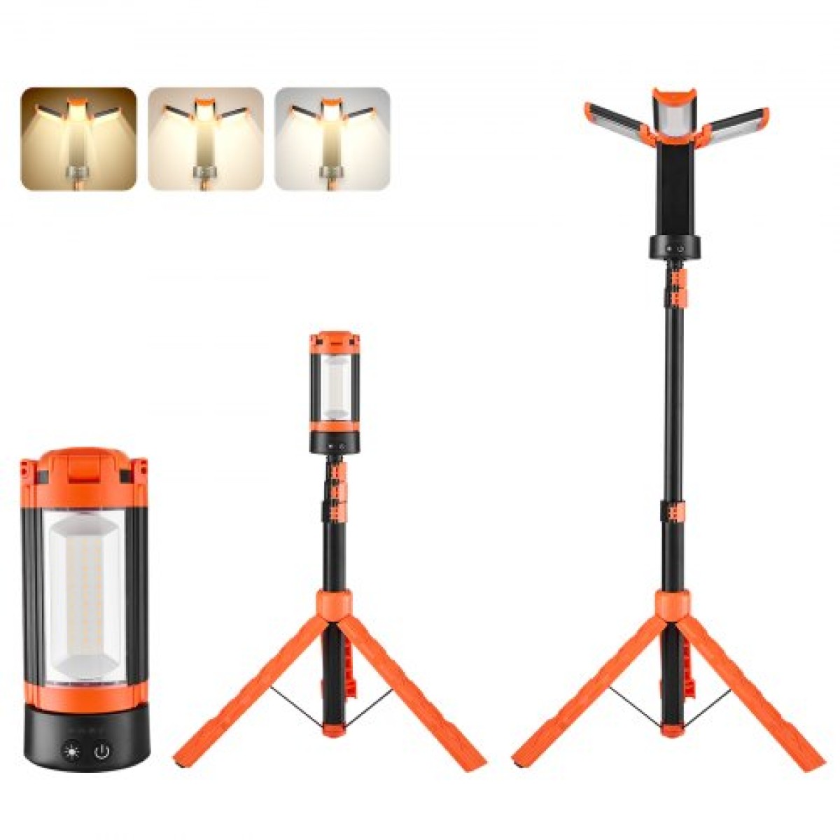 VEVOR LED Φως εργασίας με βάση, 6Ah, Επαναφορτιζόμενο ασύρματο φως κάμπινγκ, με 3 κεφαλές λαμπτήρων, αποσπώμενο τρίποδο βάσης, 2200 Lumens 3000K-6500K με δυνατότητα ρύθμισης, φορητό φωτιστικό κατασκευής για εργοτάξιο