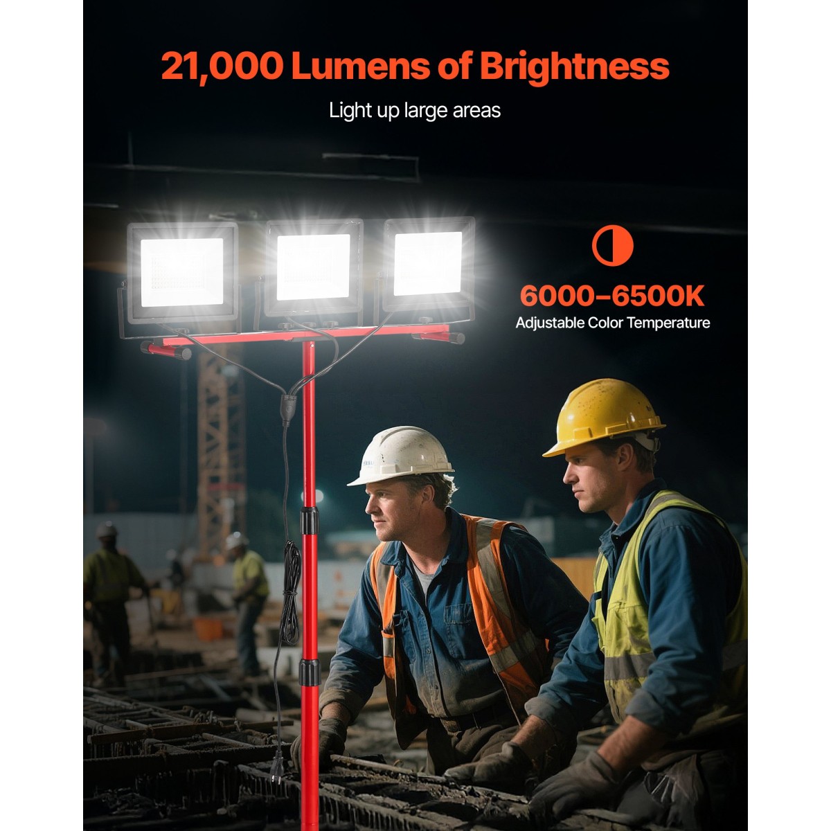 VEVOR LED Φως εργασίας με βάση, 21000 Lumens, Φορητό φως κάμπινγκ τριών κεφαλών με ατομικό διακόπτη, βάση τριπόδου, καλώδιο τροφοδοσίας 3,3 m, για την κατασκευή εσωτερικού εξωτερικού χώρου εργασίας, IP65 αδιάβροχο