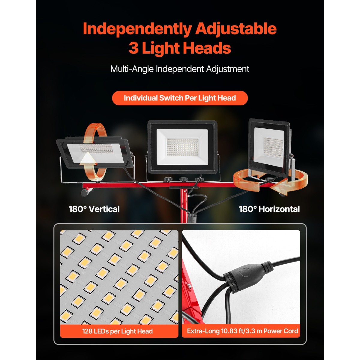 VEVOR LED Φως εργασίας με βάση, 21000 Lumens, Φορητό φως κάμπινγκ τριών κεφαλών με ατομικό διακόπτη, βάση τριπόδου, καλώδιο τροφοδοσίας 3,3 m, για την κατασκευή εσωτερικού εξωτερικού χώρου εργασίας, IP65 αδιάβροχο