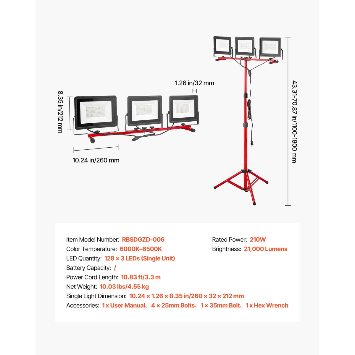 VEVOR LED Φως εργασίας με βάση, 21000 Lumens, Φορητό φως κάμπινγκ τριών κεφαλών με ατομικό διακόπτη, βάση τριπόδου, καλώδιο τροφοδοσίας 3,3 m, για την κατασκευή εσωτερικού εξωτερικού χώρου εργασίας, IP65 αδιάβροχο