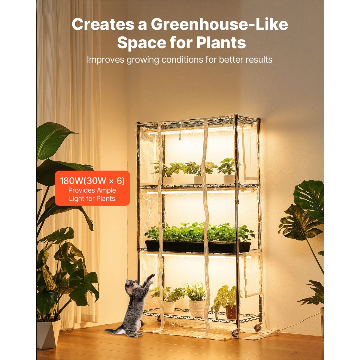 Θερμοκήπιο εσωτερικού χώρου VEVOR με Grow Light, Βάση φυτών 4 επιπέδων ύψους 150 cm με διαφανές κάλυμμα, χρονοδιακόπτη & υγρόμετρο, φώτα ανάπτυξης πλήρους φάσματος 180W, θήκη ραφιών για φυτά εσωτερικού χώρου με μεταλλικό φωτισμό