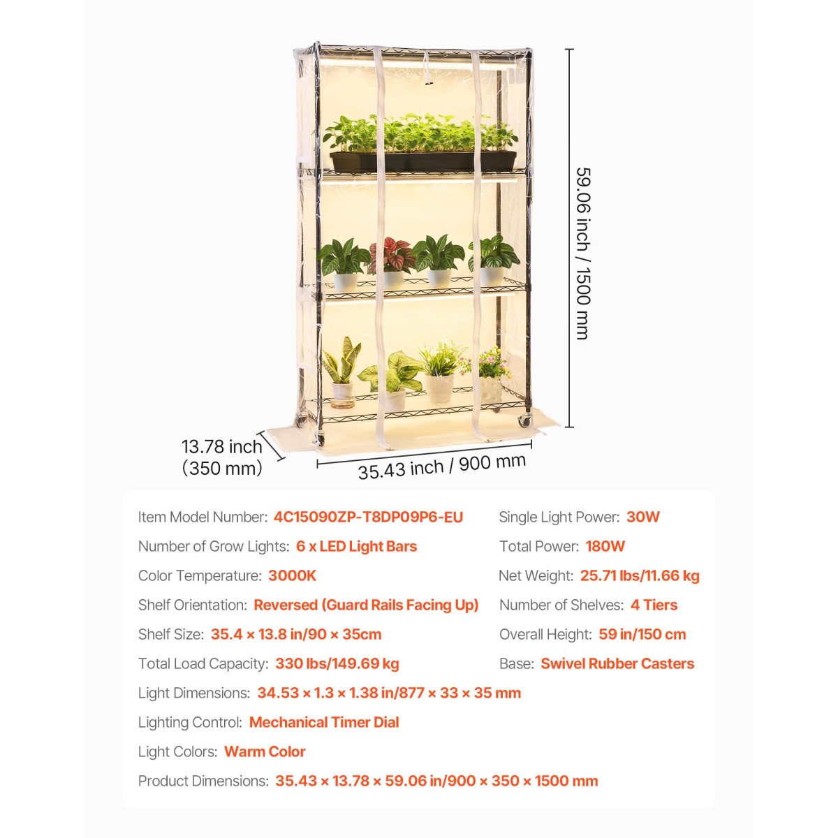 Θερμοκήπιο εσωτερικού χώρου VEVOR με Grow Light, Βάση φυτών 4 επιπέδων ύψους 150 cm με διαφανές κάλυμμα, χρονοδιακόπτη & υγρόμετρο, φώτα ανάπτυξης πλήρους φάσματος 180W, θήκη ραφιών για φυτά εσωτερικού χώρου με μεταλλικό φωτισμό