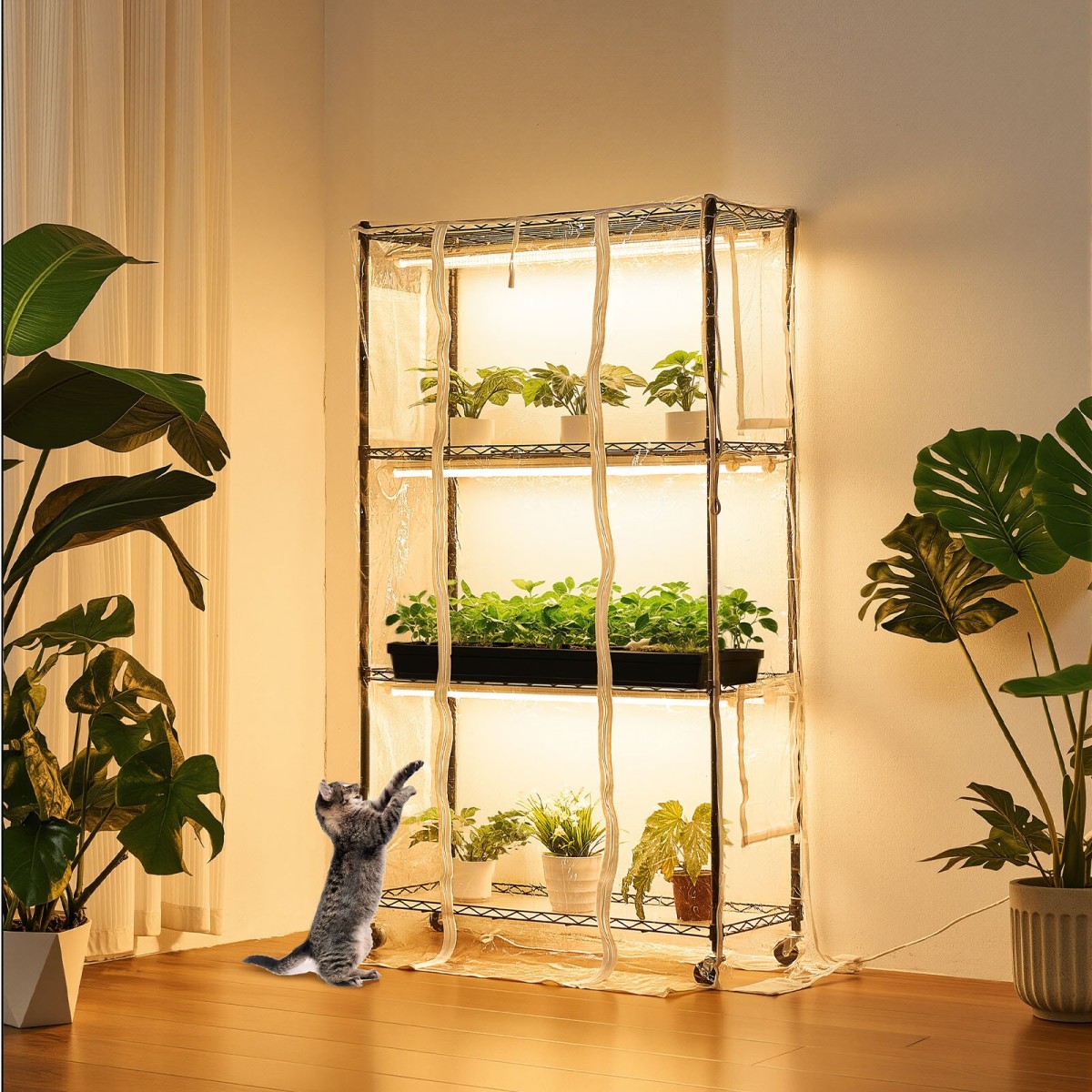 Θερμοκήπιο εσωτερικού χώρου VEVOR με Grow Light, Βάση φυτών 4 επιπέδων ύψους 150 cm με διαφανές κάλυμμα, χρονοδιακόπτη & υγρόμετρο, φώτα ανάπτυξης πλήρους φάσματος 180W, θήκη ραφιών για φυτά εσωτερικού χώρου με μεταλλικό φωτισμό