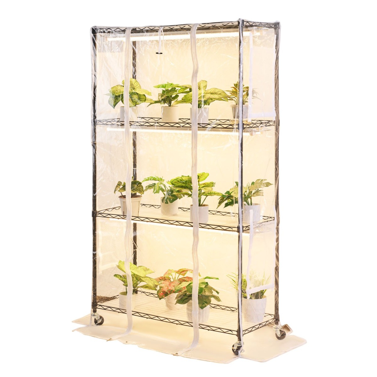 Θερμοκήπιο εσωτερικού χώρου VEVOR με Grow Light, Βάση φυτών 4 επιπέδων ύψους 150 cm με διαφανές κάλυμμα, χρονοδιακόπτη & υγρόμετρο, φώτα ανάπτυξης πλήρους φάσματος 180W, θήκη ραφιών για φυτά εσωτερικού χώρου με μεταλλικό φωτισμό