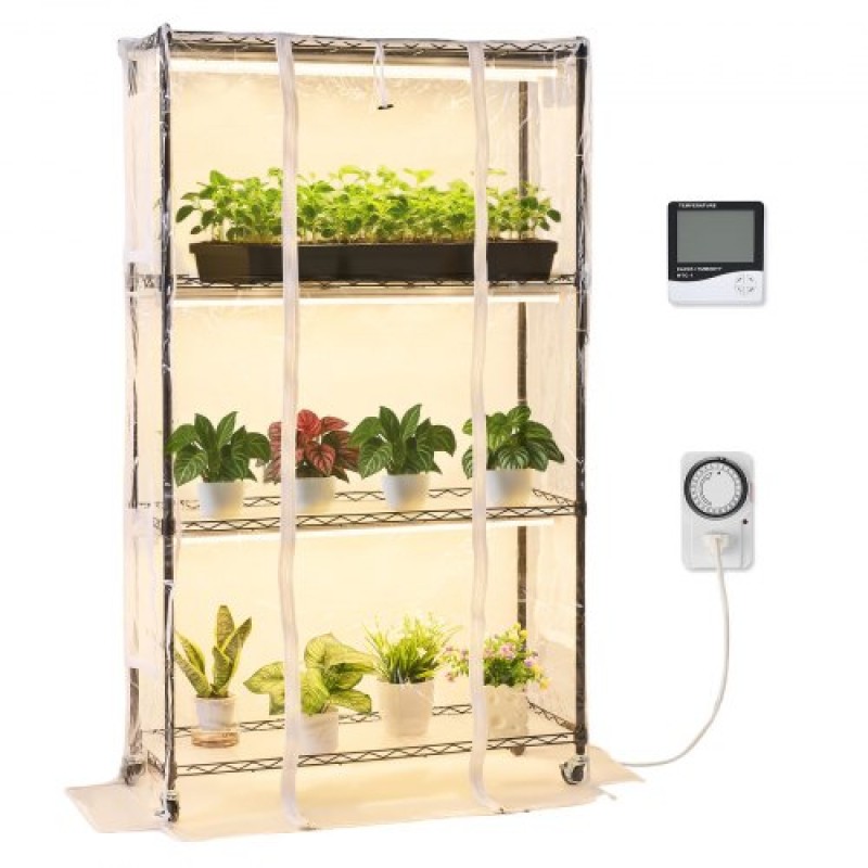 Θερμοκήπιο εσωτερικού χώρου VEVOR με Grow Light, Βάση φυτών 4 επιπέδων ύψους 150 cm με διαφανές κάλυμμα, χρονοδιακόπτη & υγρόμετρο, φώτα ανάπτυξης πλήρους φάσματος 180W, θήκη ραφιών για φυτά εσωτερικού χώρου με μεταλλικό φωτισμό