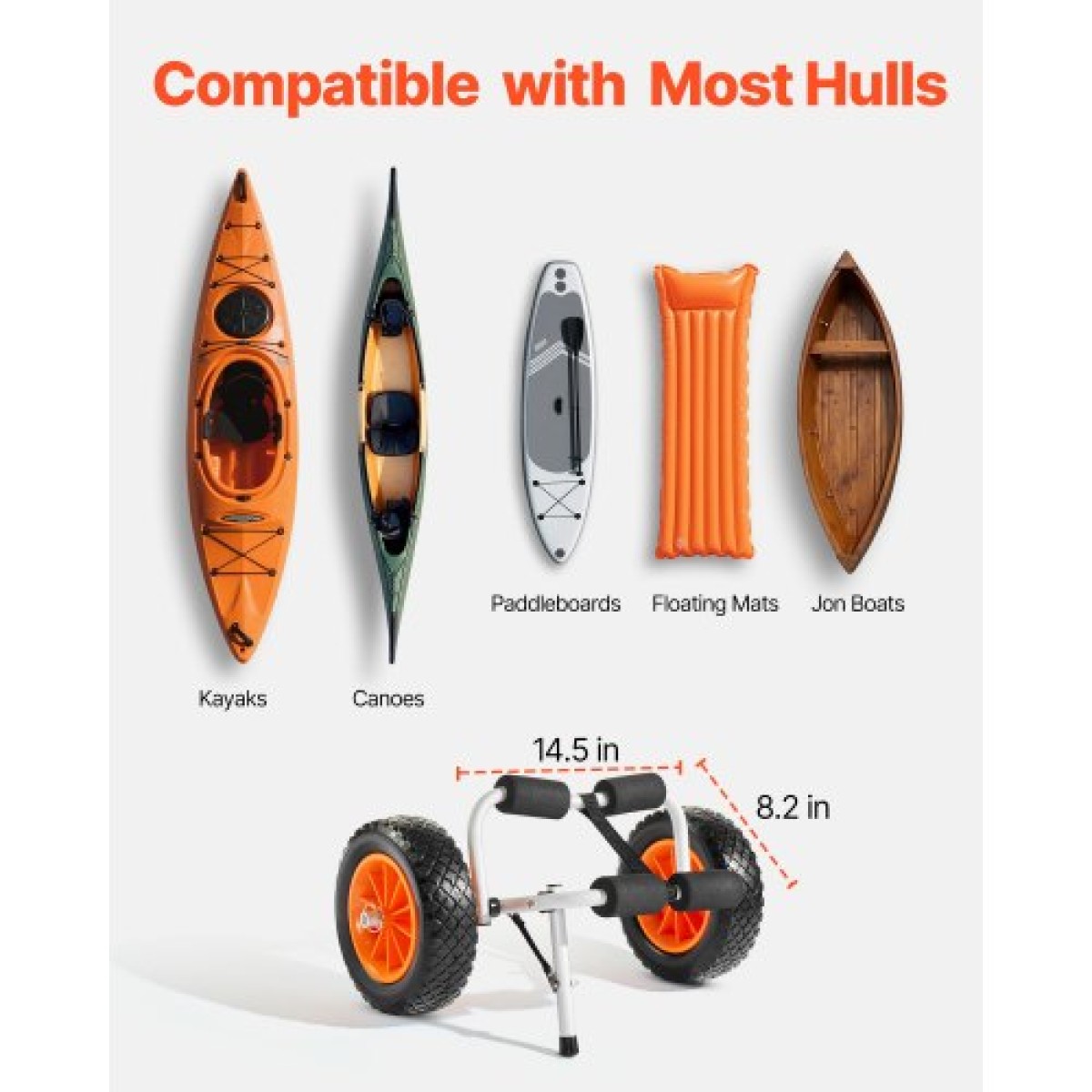 Καρότσι VEVOR Kayak, χωρητικότητα 90 κιλών, Αναδιπλούμενο καρότσι καγιάκ με ελαστικά 25,4 cm από μασίφ καουτσούκ & 1 ιμάντα καστάνιας, καρότσι Paddle Board για μεταφορά καγιάκ, κανό, κουπιά, πατάκια πλωτήρα, Jon Boats