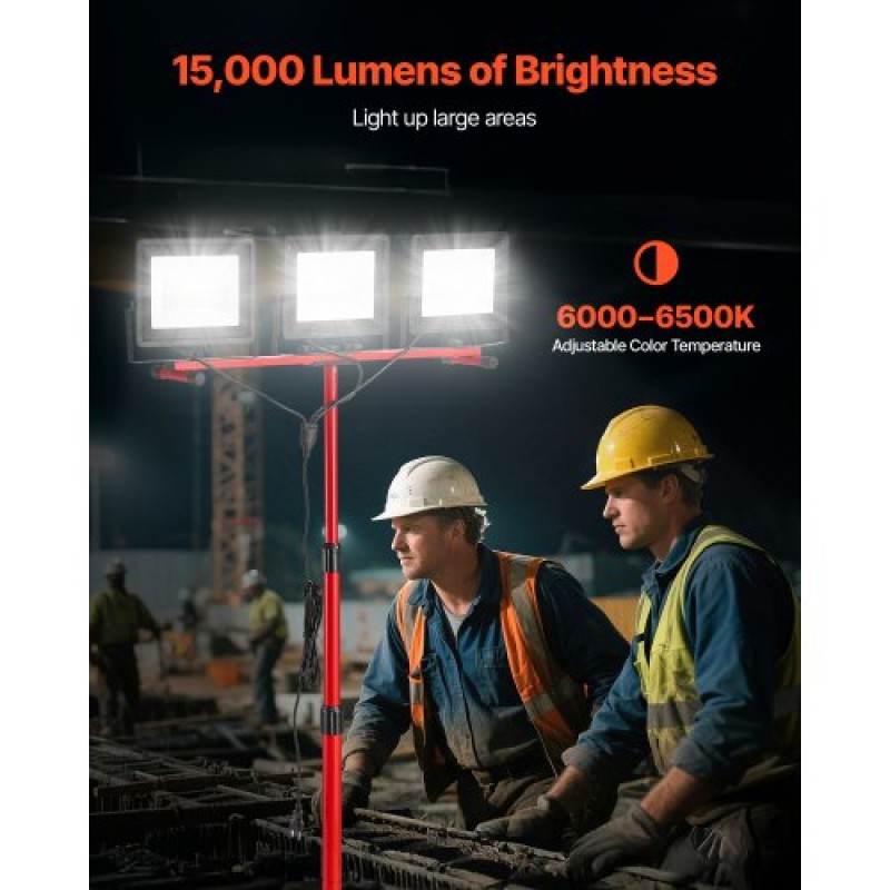 Φως εργασίας LED VEVOR με βάση, 15000 Lumens, φορητό φως κάμπινγκ τριών κεφαλών με ατομικό διακόπτη, βάση τριπόδου, καλώδιο τροφοδοσίας 3,3 m, για κατασκευή εσωτερικού χώρου εργασίας, αδιάβροχο IP65