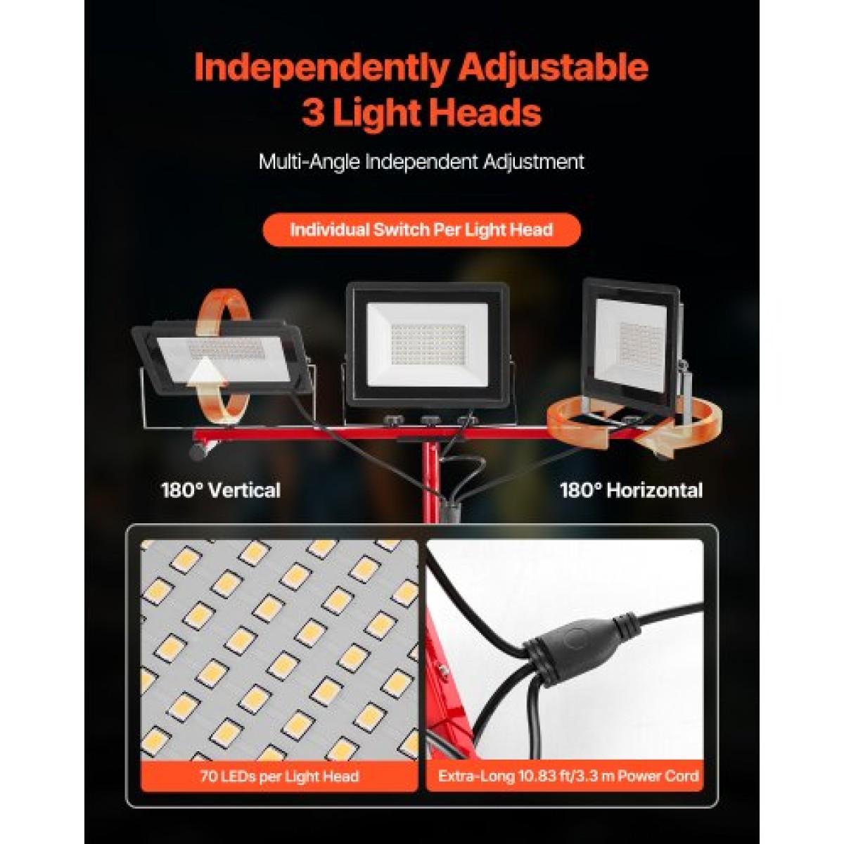 Φως εργασίας LED VEVOR με βάση, 15000 Lumens, φορητό φως κάμπινγκ τριών κεφαλών με ατομικό διακόπτη, βάση τριπόδου, καλώδιο τροφοδοσίας 3,3 m, για κατασκευή εσωτερικού χώρου εργασίας, αδιάβροχο IP65