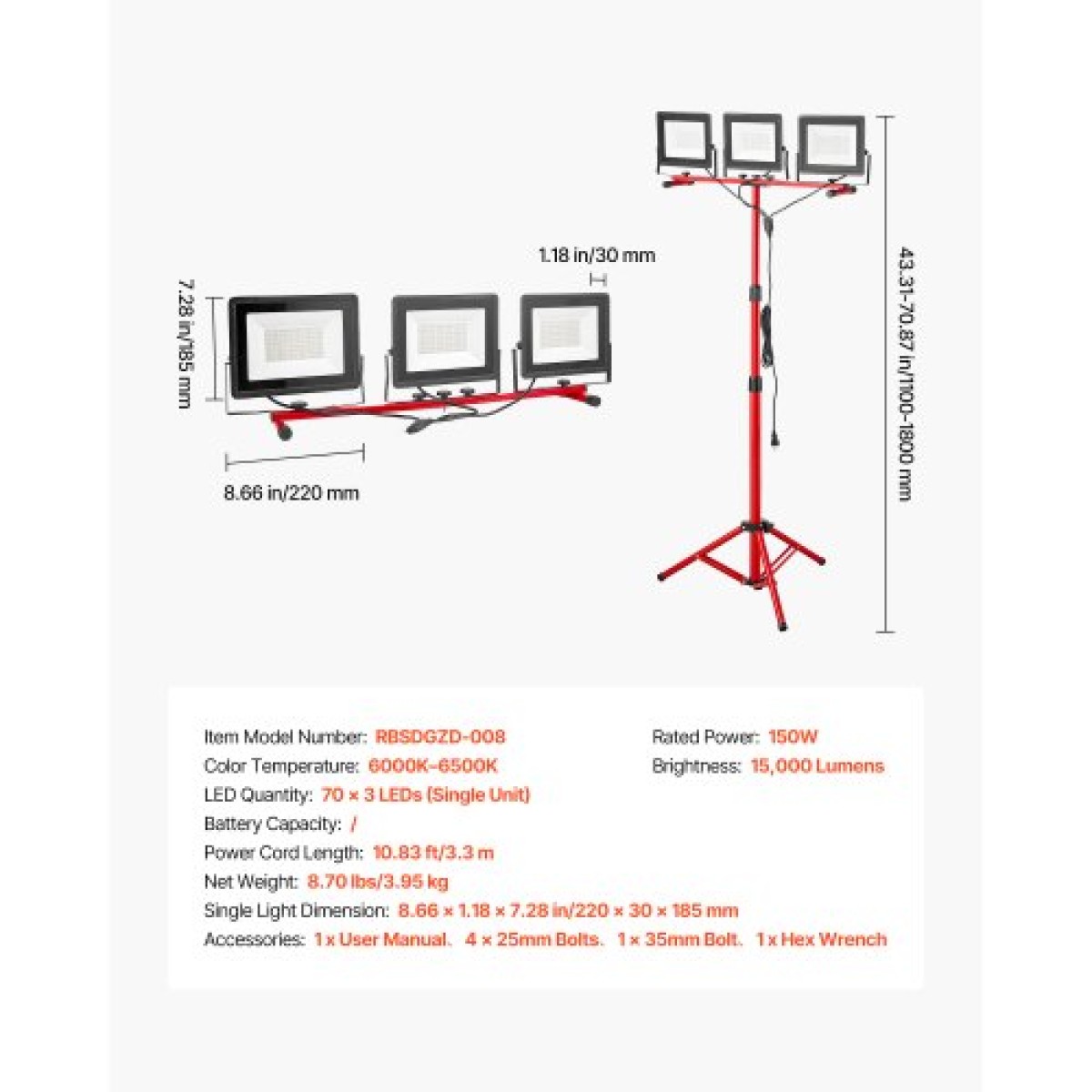 Φως εργασίας LED VEVOR με βάση, 15000 Lumens, φορητό φως κάμπινγκ τριών κεφαλών με ατομικό διακόπτη, βάση τριπόδου, καλώδιο τροφοδοσίας 3,3 m, για κατασκευή εσωτερικού χώρου εργασίας, αδιάβροχο IP65