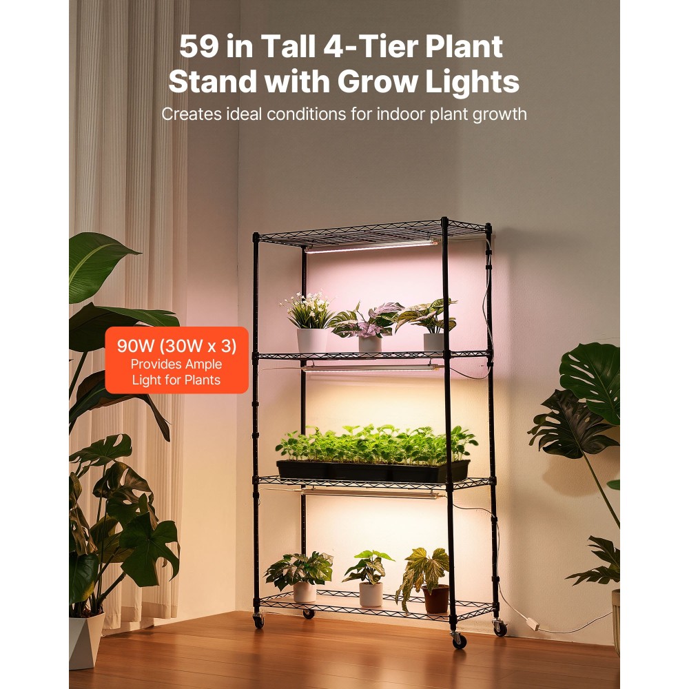 Ράφι φυτών VEVOR με Grow Light, Βάση φυτών εσωτερικού χώρου 4 επιπέδων, ράφι προβολής φυτών ύψους 150 cm με ρόδες, 90W 3χρωμα φώτα πλήρους φάσματος ανάπτυξης, μεταλλική θήκη για γλάστρα βαρέως τύπου για εκκίνηση σπόρων