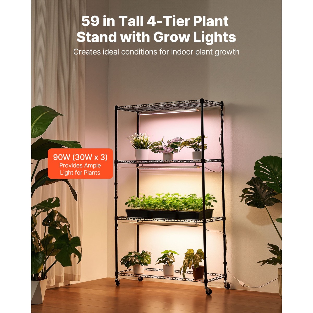 Ράφι φυτών VEVOR με Grow Light, Βάση φυτών εσωτερικού χώρου 4 επιπέδων, ράφι προβολής φυτών ύψους 150 cm με ρόδες, 90W 3χρωμα φώτα πλήρους φάσματος ανάπτυξης, μεταλλική θήκη για γλάστρα βαρέως τύπου για εκκίνηση σπόρων