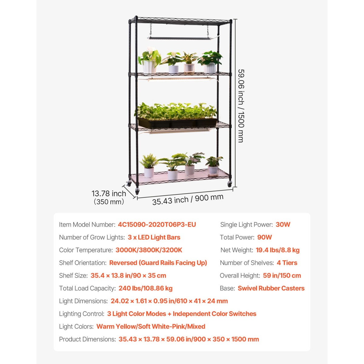 Ράφι φυτών VEVOR με Grow Light, Βάση φυτών εσωτερικού χώρου 4 επιπέδων, ράφι προβολής φυτών ύψους 150 cm με ρόδες, 90W 3χρωμα φώτα πλήρους φάσματος ανάπτυξης, μεταλλική θήκη για γλάστρα βαρέως τύπου για εκκίνηση σπόρων