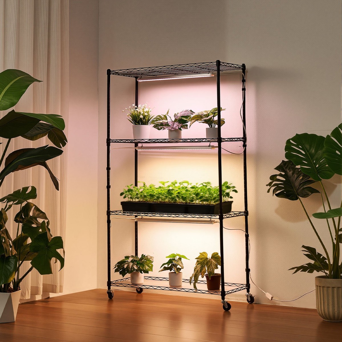 Ράφι φυτών VEVOR με Grow Light, Βάση φυτών εσωτερικού χώρου 4 επιπέδων, ράφι προβολής φυτών ύψους 150 cm με ρόδες, 90W 3χρωμα φώτα πλήρους φάσματος ανάπτυξης, μεταλλική θήκη για γλάστρα βαρέως τύπου για εκκίνηση σπόρων
