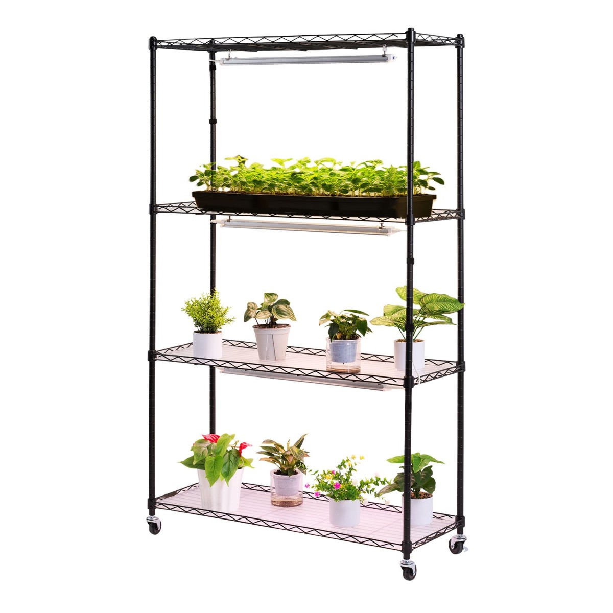 Ράφι φυτών VEVOR με Grow Light, Βάση φυτών εσωτερικού χώρου 4 επιπέδων, ράφι προβολής φυτών ύψους 150 cm με ρόδες, 90W 3χρωμα φώτα πλήρους φάσματος ανάπτυξης, μεταλλική θήκη για γλάστρα βαρέως τύπου για εκκίνηση σπόρων