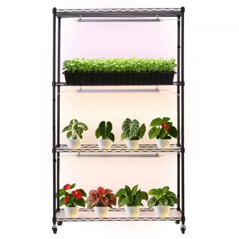 Ράφι φυτών VEVOR με Grow Light, Βάση φυτών εσωτερικού χώρου 4 επιπέδων, ράφι προβολής φυτών ύψους 150 cm με ρόδες, 90W 3χρωμα φώτα πλήρους φάσματος ανάπτυξης, μεταλλική θήκη για γλάστρα βαρέως τύπου για εκκίνηση σπόρων