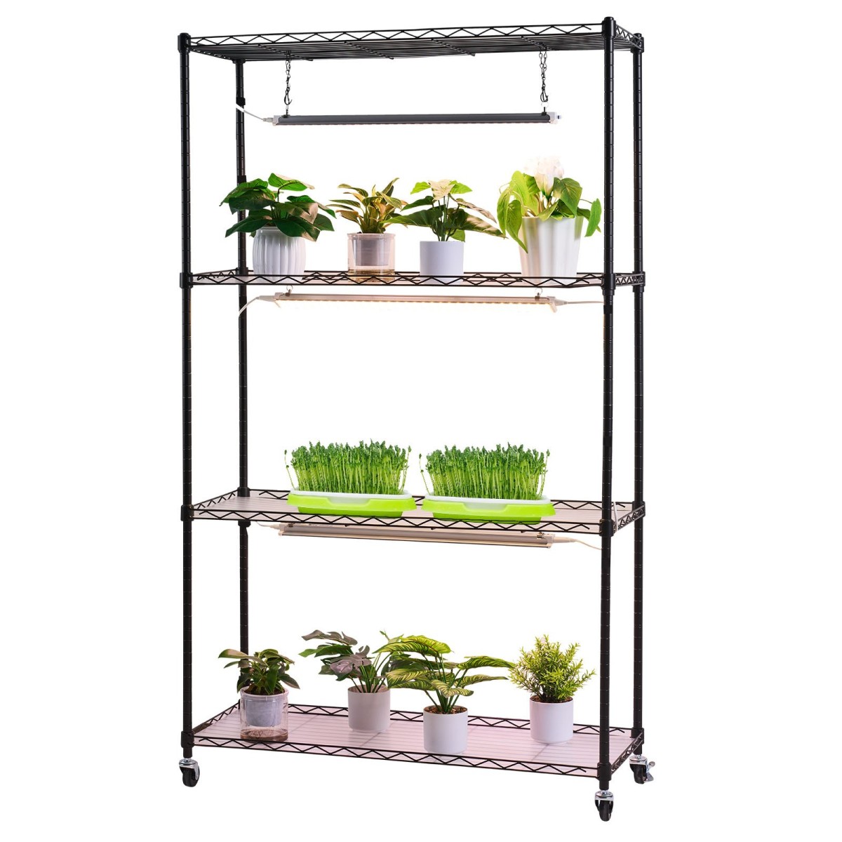 Ράφι φυτών VEVOR με Grow Light, Βάση φυτών εσωτερικού χώρου 4 επιπέδων, ράφι προβολής φυτών ύψους 150 cm με ρόδες, 90W 3χρωμα φώτα πλήρους φάσματος ανάπτυξης, μεταλλική θήκη για γλάστρα βαρέως τύπου για εκκίνηση σπόρων