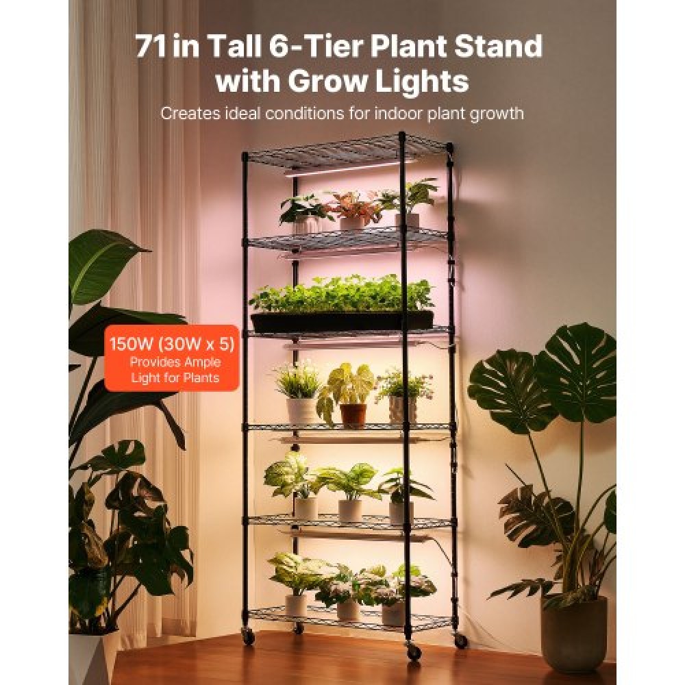 VEVOR Plant Shelf with Grow Light, 6-Tier Indoor Plant Stand, 180cm Tall Plants Display Rack with Wheels & 4/9/14H Timer, 150W 3-Color Full Spectrum Grow Lights, Flower Pot Holder for Seed Starting
